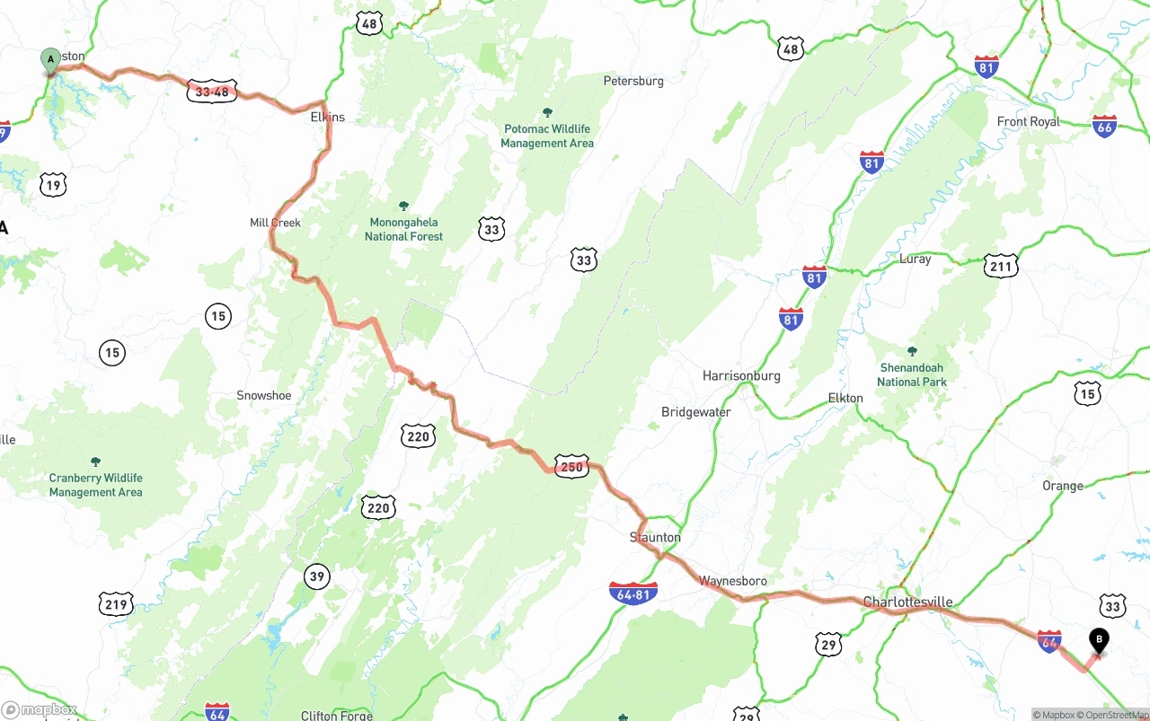 Shipping route from West Virginia to Virginia