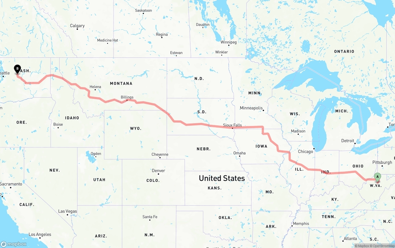 Shipping route from West Virginia to Washington