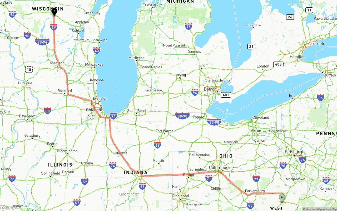 Shipping route from West Virginia to Wisconsin
