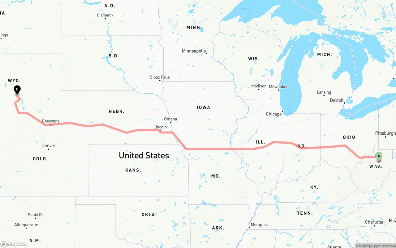 Shipping route from West Virginia to Wyoming