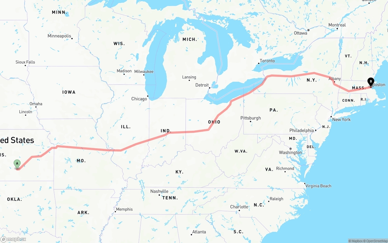 Shipping route from Wichita to Boston