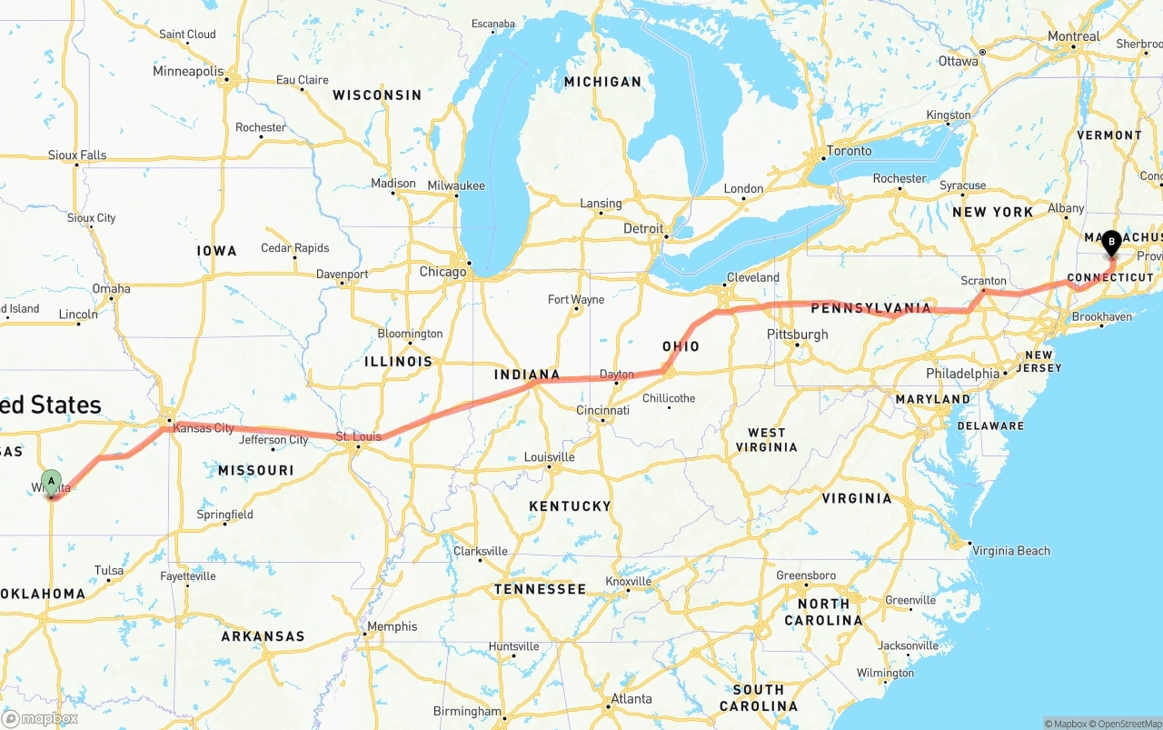 Shipping route from Wichita to Bradley International Airport