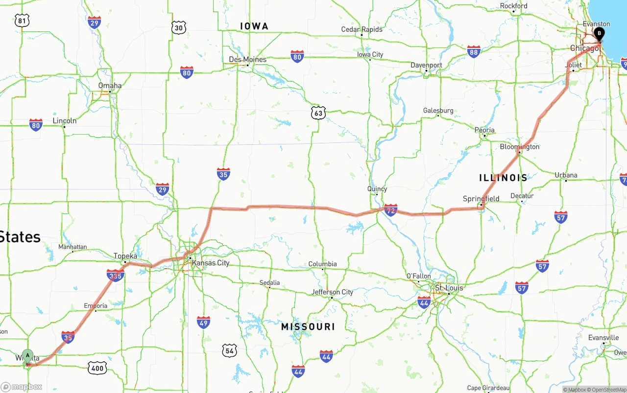 Shipping route from Wichita to Chicago