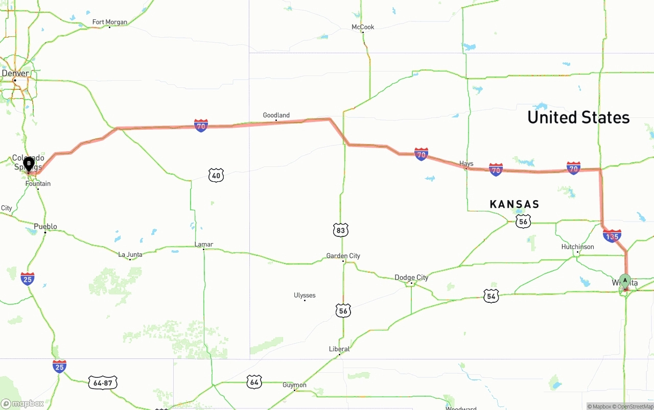 Shipping route from Wichita to Colorado Springs