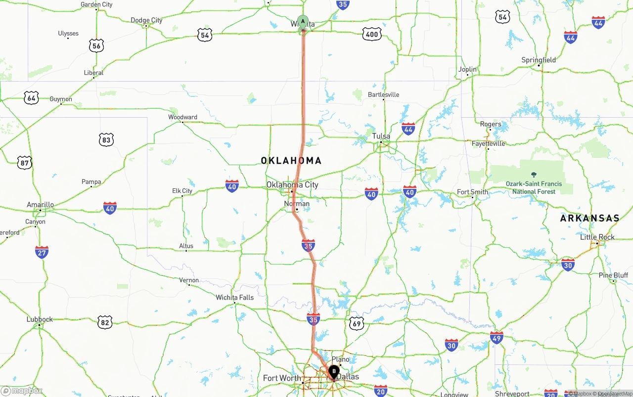 Shipping route from Wichita to Dallas