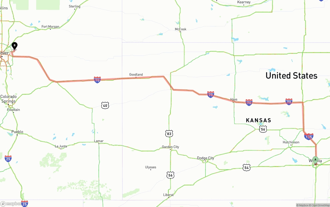 Shipping route from Wichita to Denver International Airport