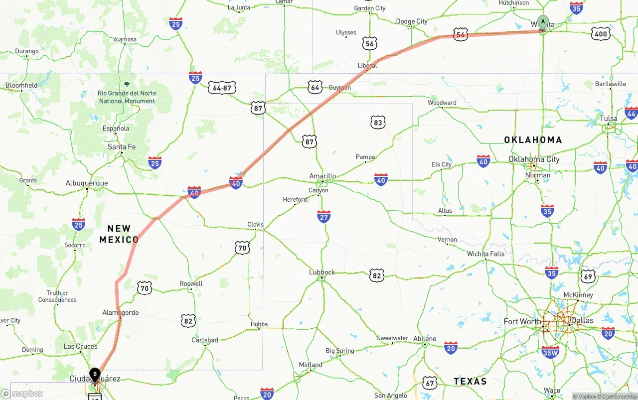 Shipping route from Wichita to El Paso