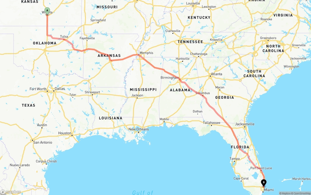 Shipping route from Wichita to Ft. Lauderdale