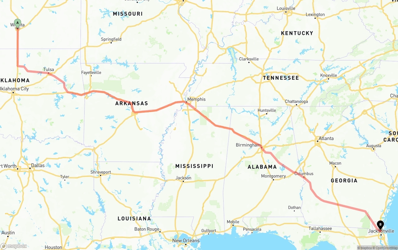 Shipping route from Wichita to Jacksonville International Airport