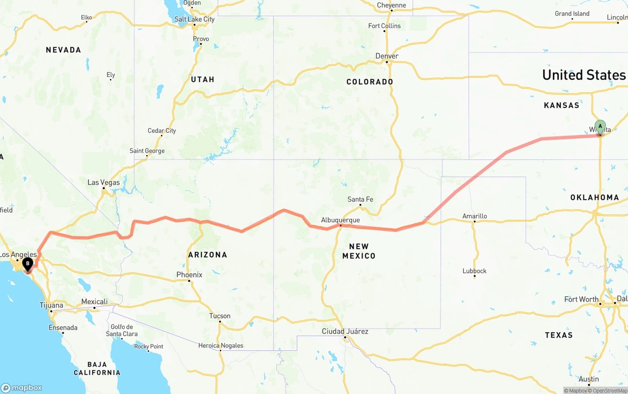 Shipping route from Wichita to John Wayne Airport — Orange County