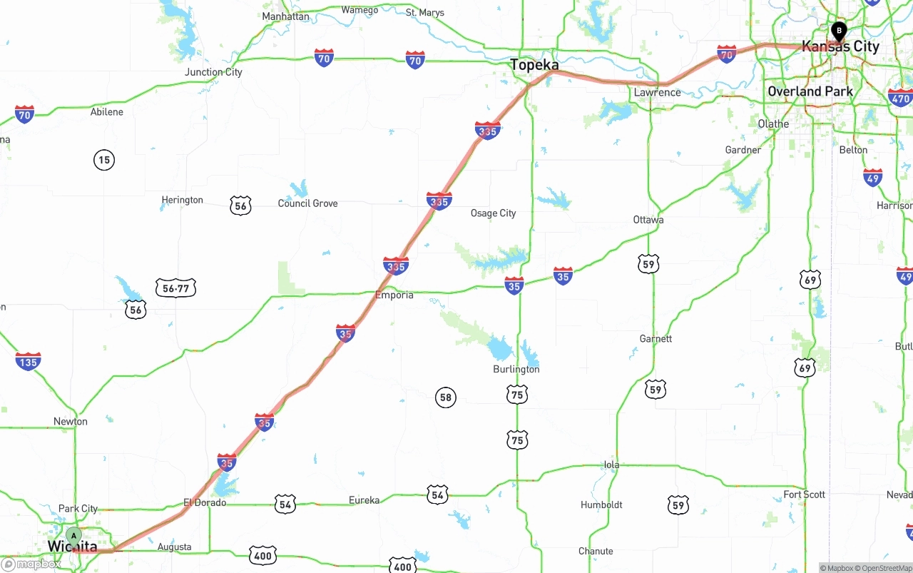 Shipping route from Wichita to Kansas City