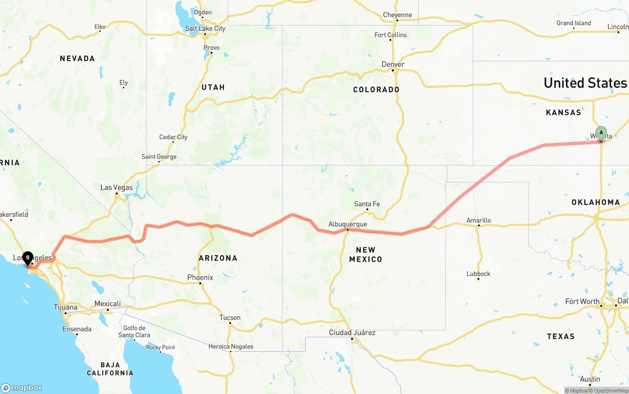 Shipping route from Wichita to Los Angeles International Airport