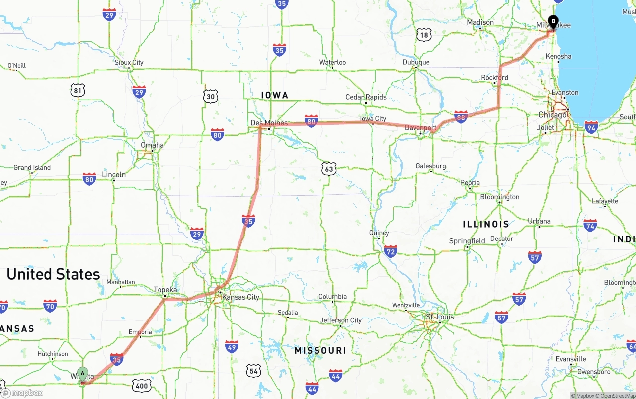 Shipping route from Wichita to Milwaukee