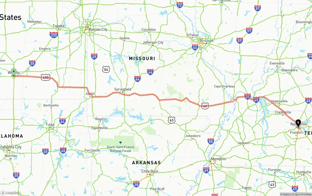 Shipping route from Wichita to Nashville