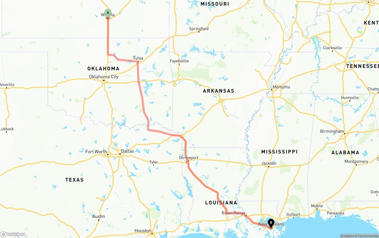 Shipping route from Wichita to New Orleans