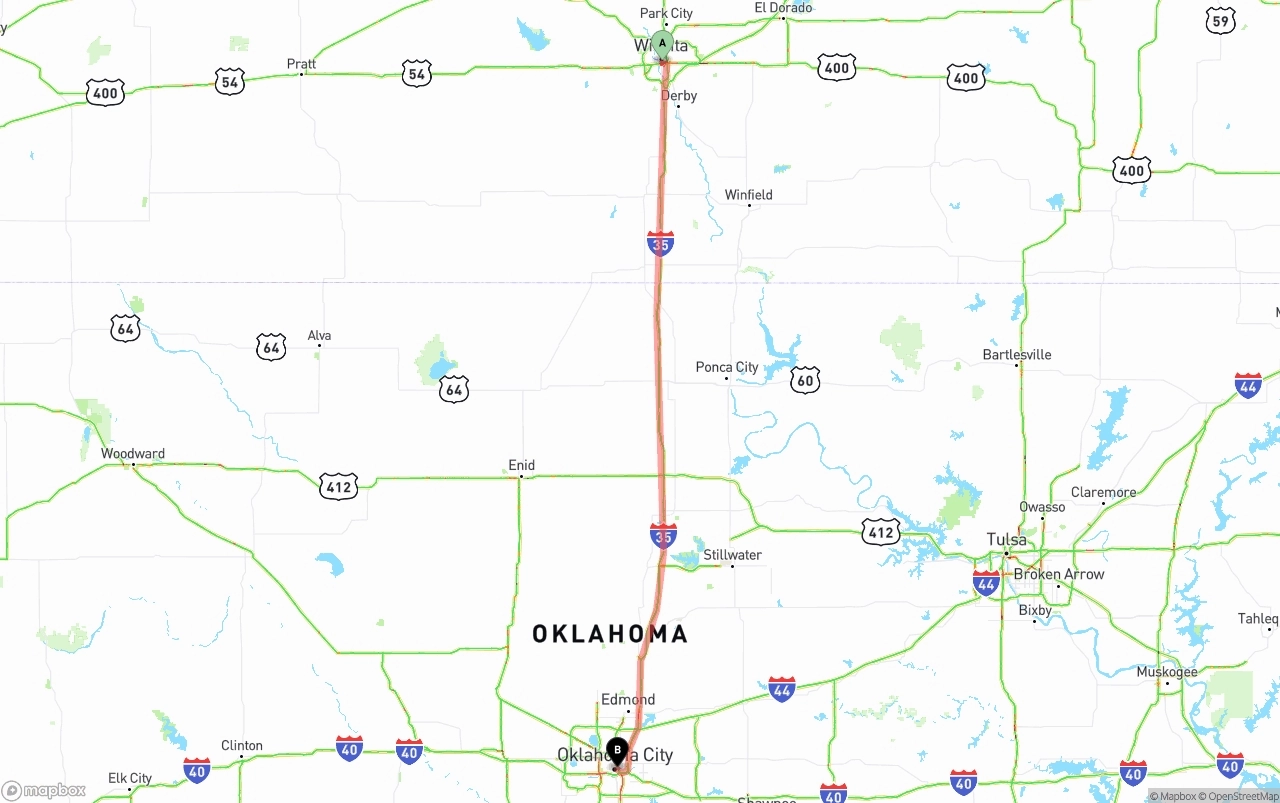 Shipping route from Wichita to Oklahoma City
