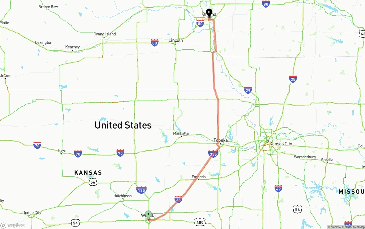 Shipping route from Wichita to Omaha