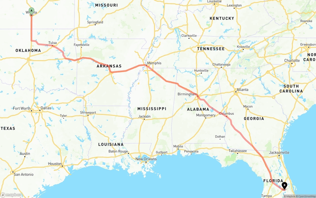 Shipping route from Wichita to Orlando International Airport