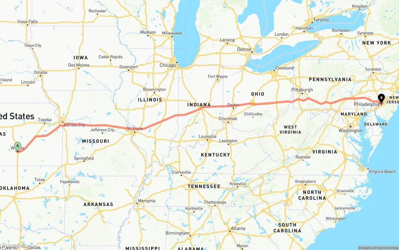 Shipping route from Wichita to Philadelphia