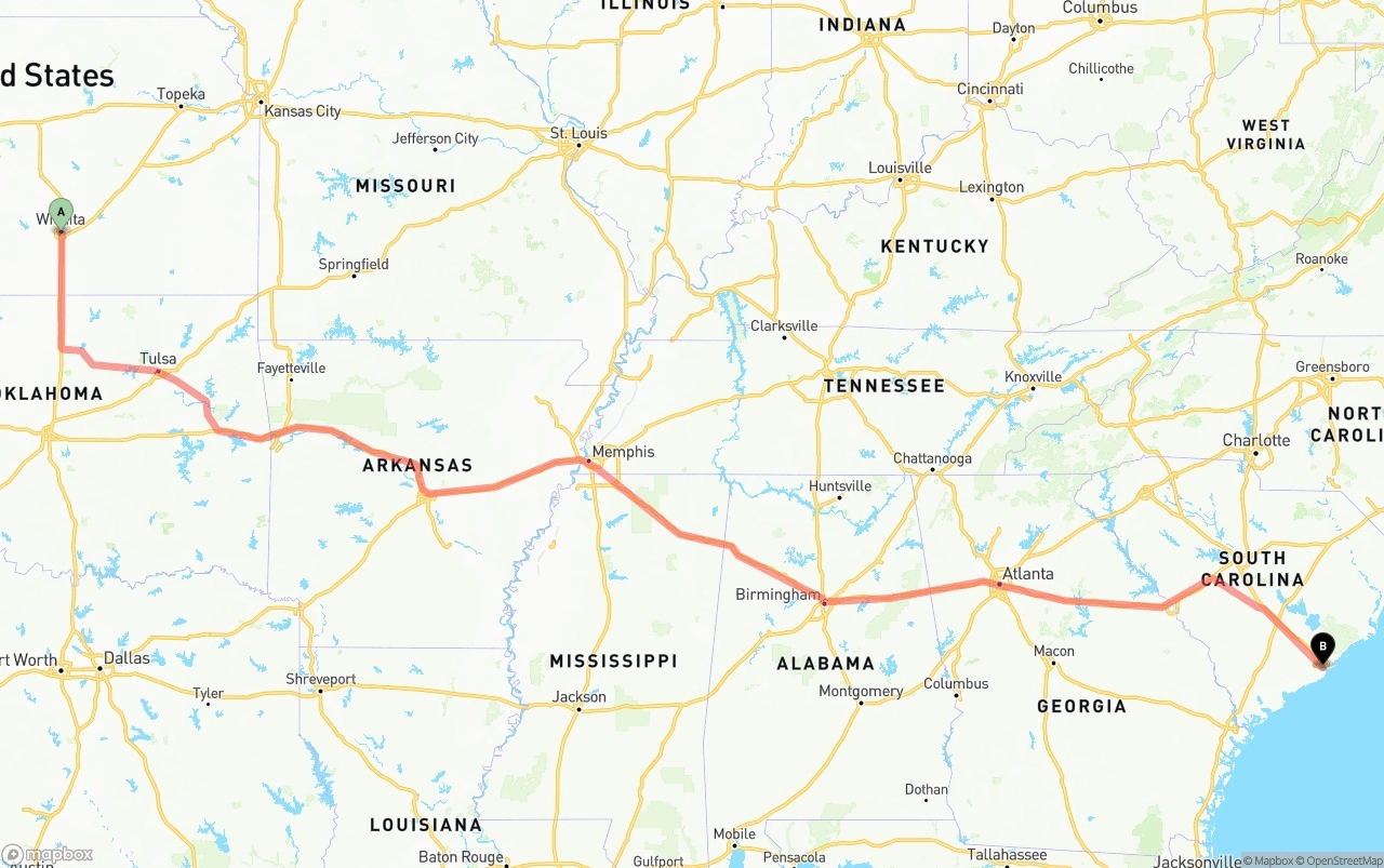 Shipping route from Wichita to Port of Charleston