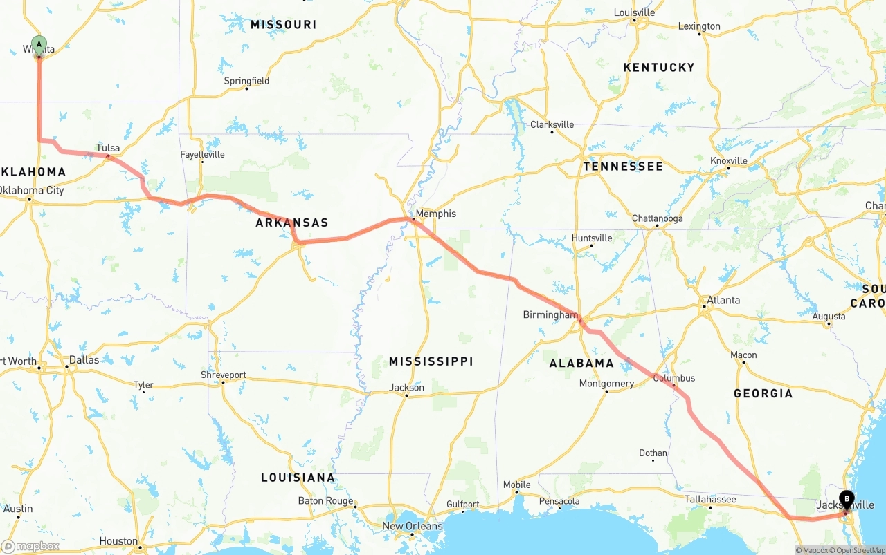Shipping route from Wichita to Port of Jacksonville