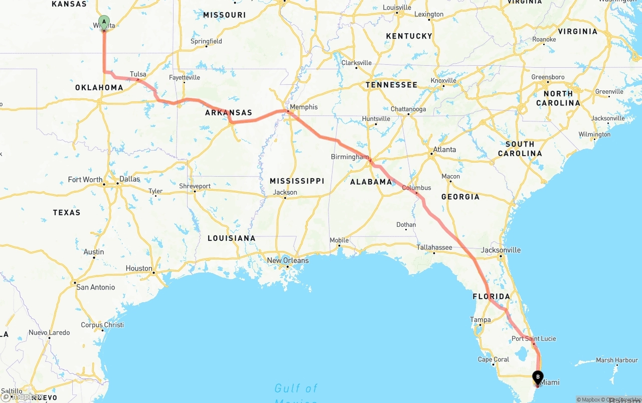 Shipping route from Wichita to Port of Miami