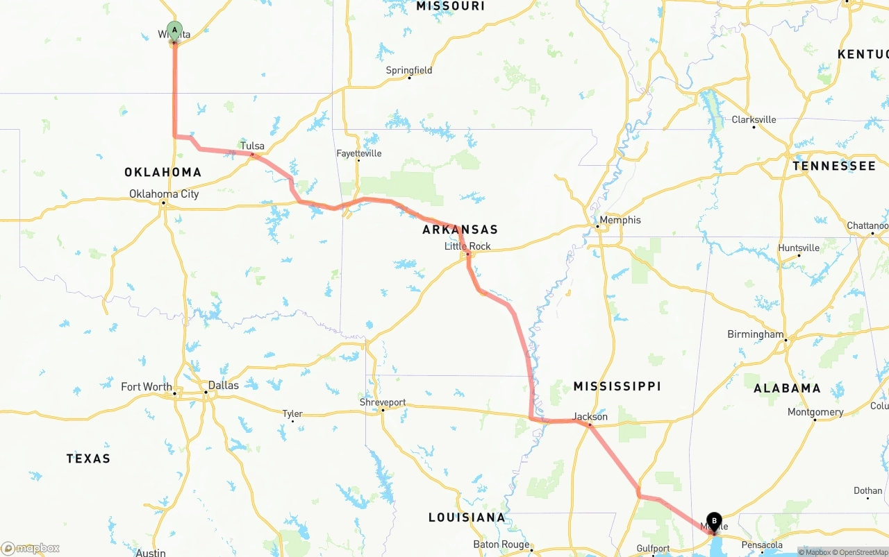 Shipping route from Wichita to Port of Mobile