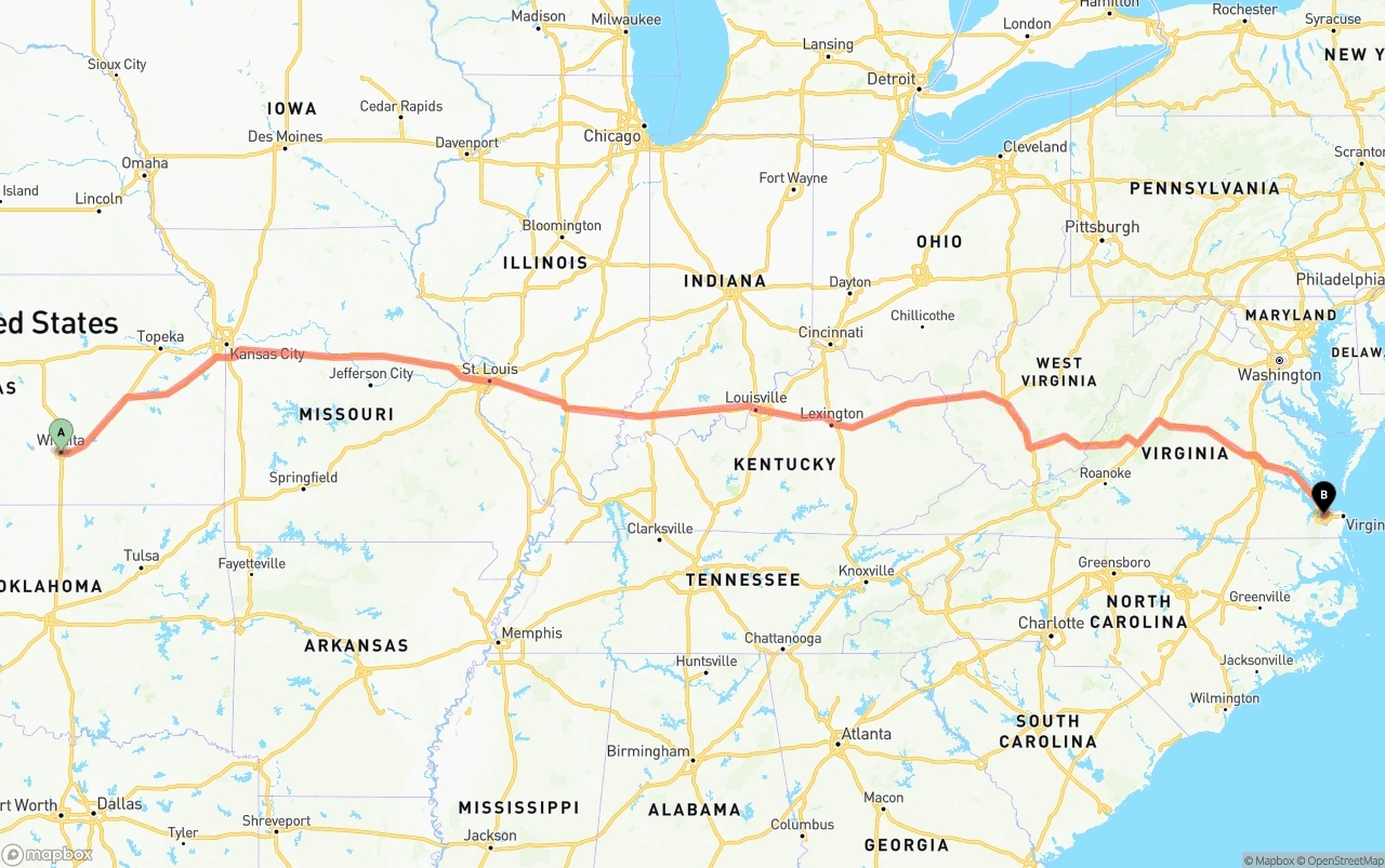 Shipping route from Wichita to Port of Norfolk