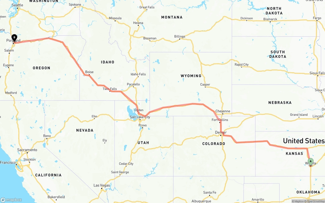 Shipping route from Wichita to Port of Portland