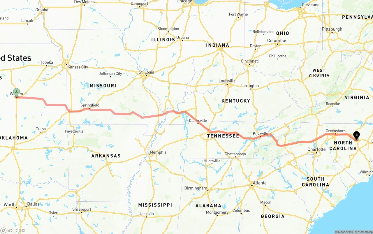 Shipping route from Wichita to Raleigh