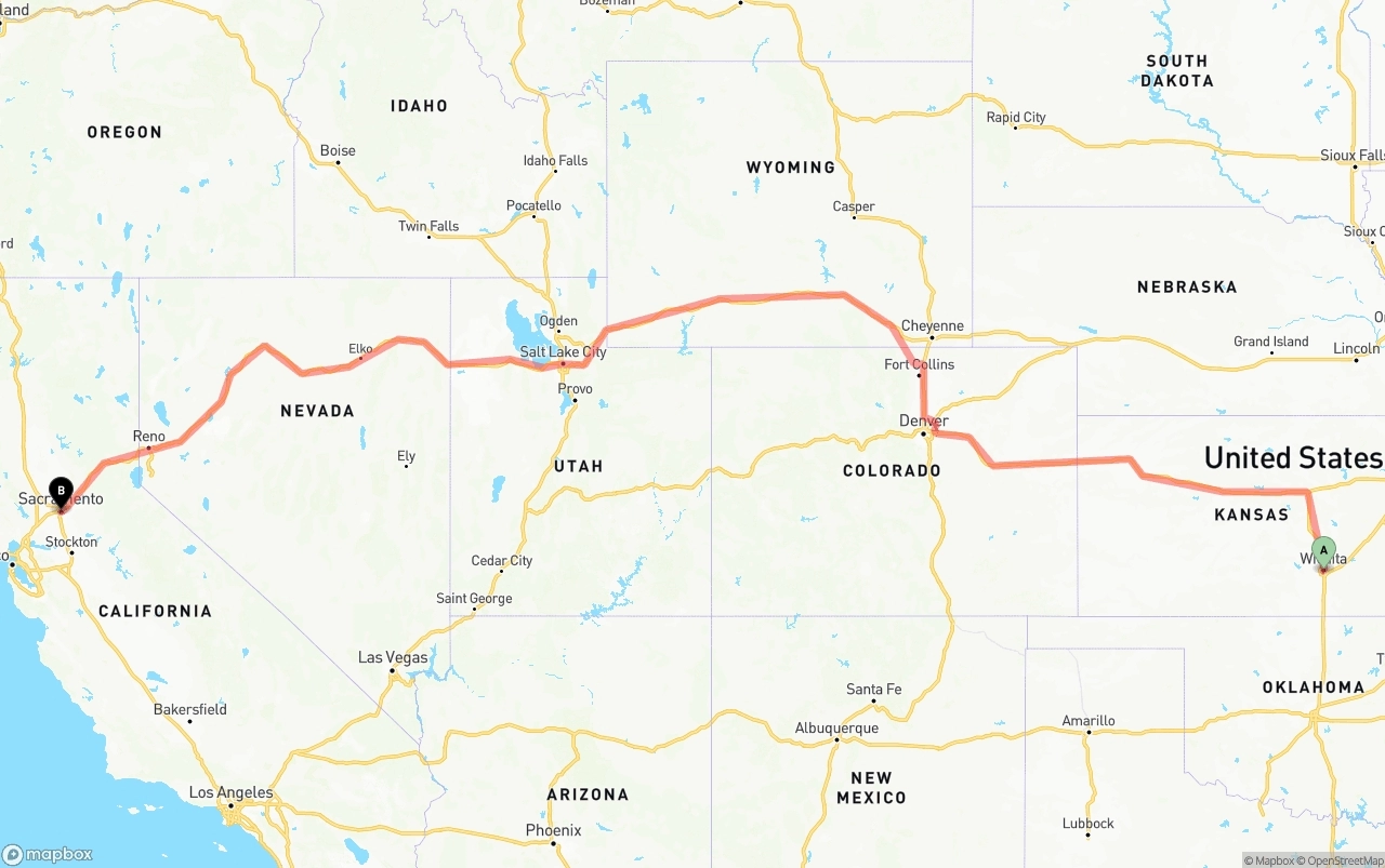 Shipping route from Wichita to Sacramento