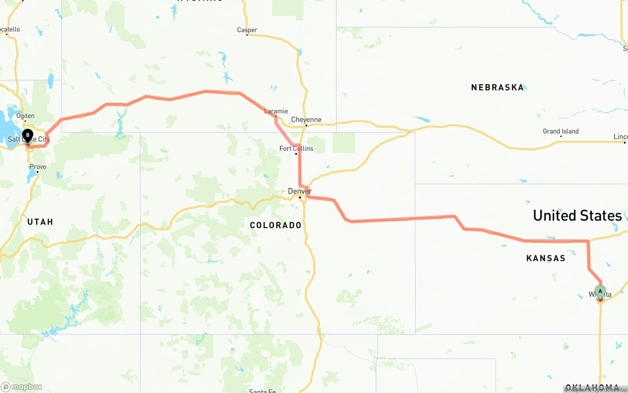 Shipping route from Wichita to Salt Lake City