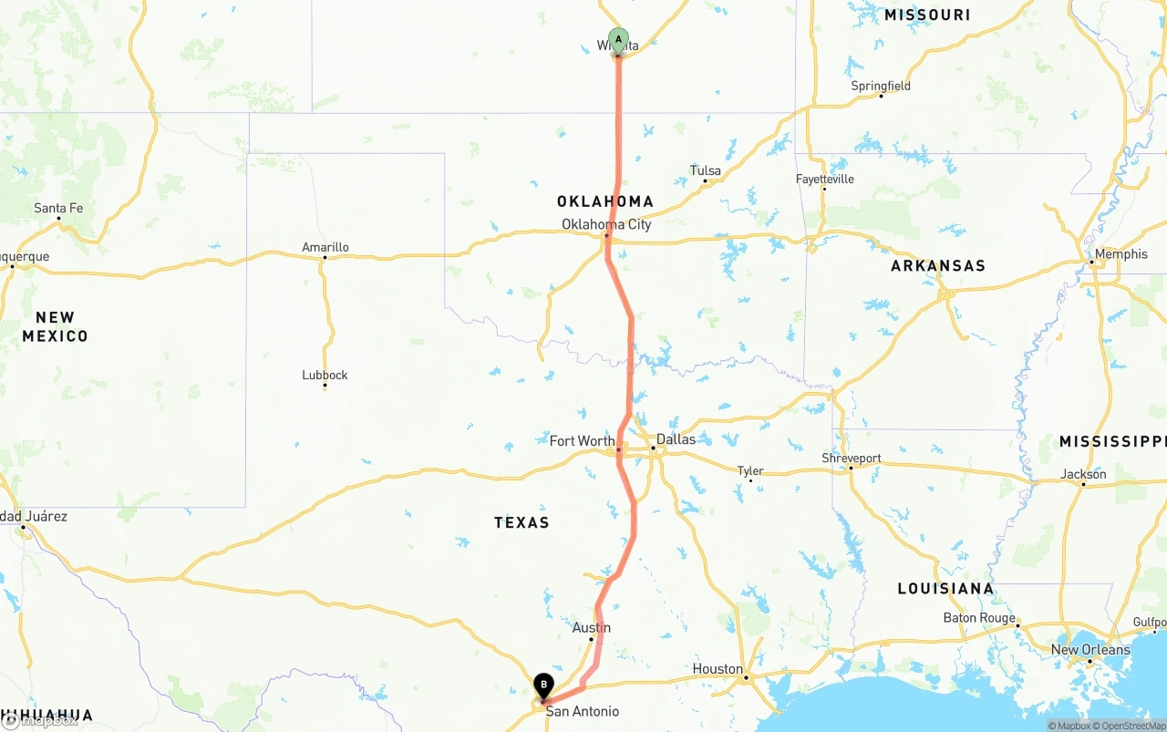 Shipping route from Wichita to San Antonio