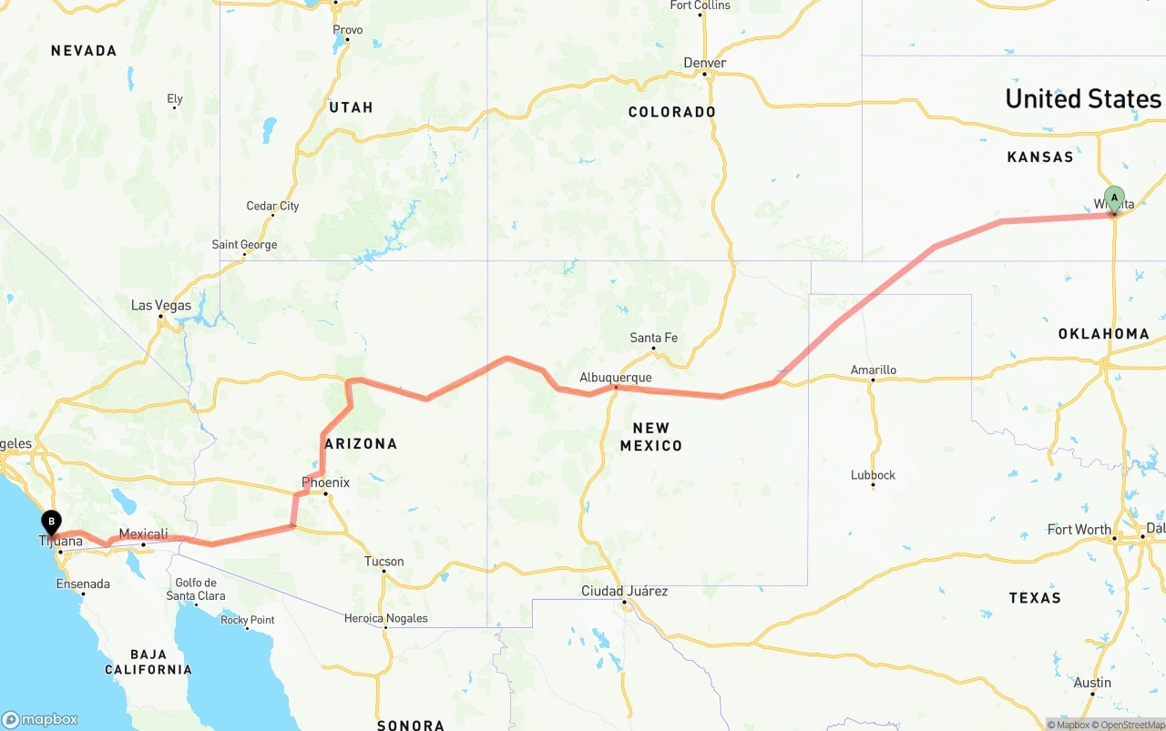 Shipping route from Wichita to San Diego International Airport