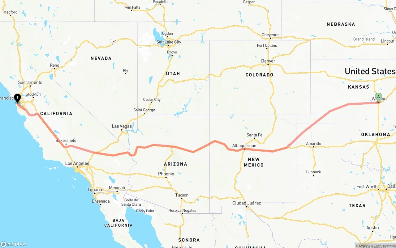 Shipping route from Wichita to San Francisco International Airport