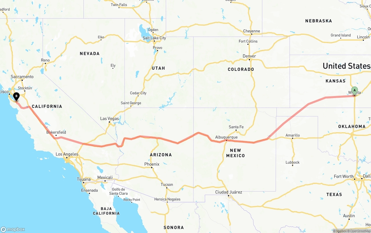 Shipping route from Wichita to San Jose