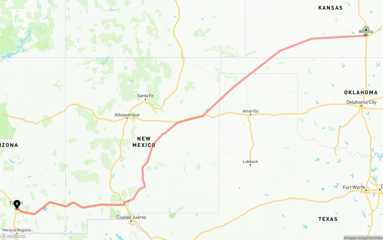 Shipping route from Wichita to Tucson International Airport