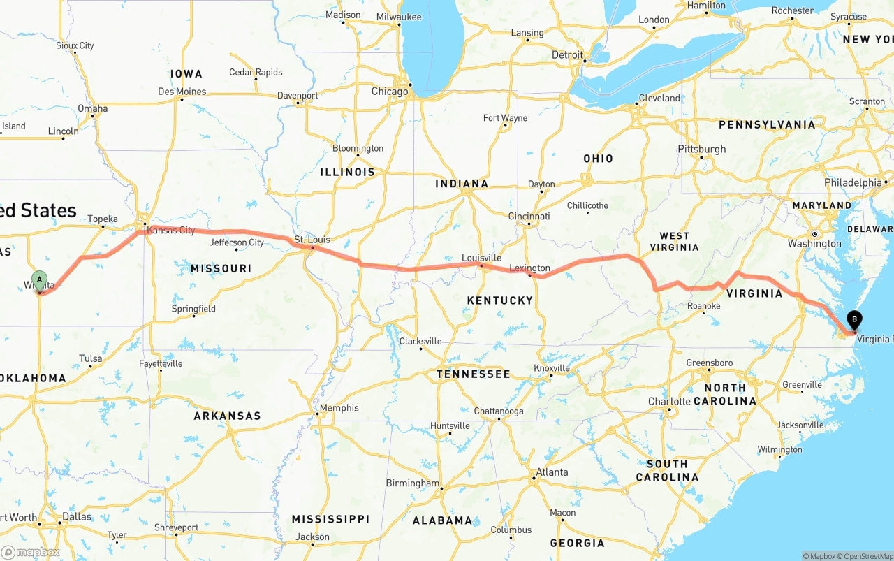 Shipping route from Wichita to Virginia Beach