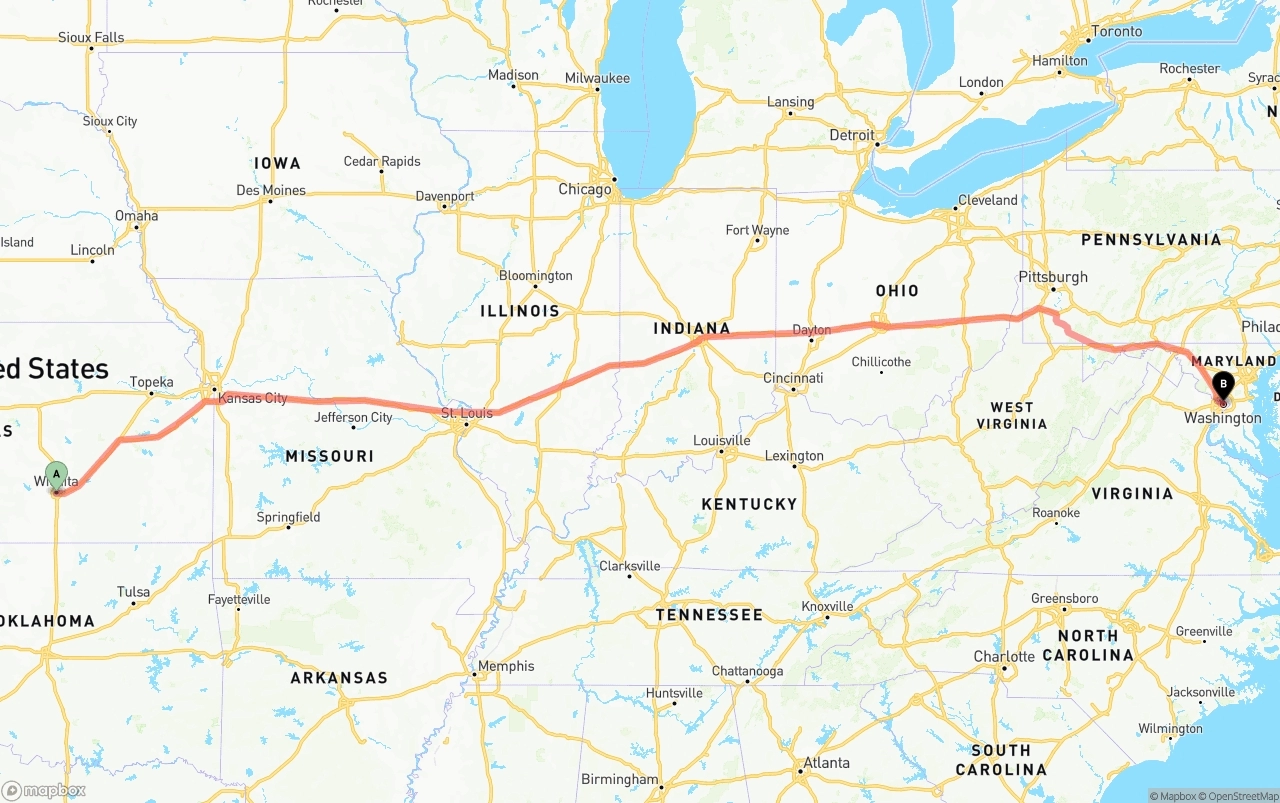 Shipping route from Wichita to Washington D.C.
