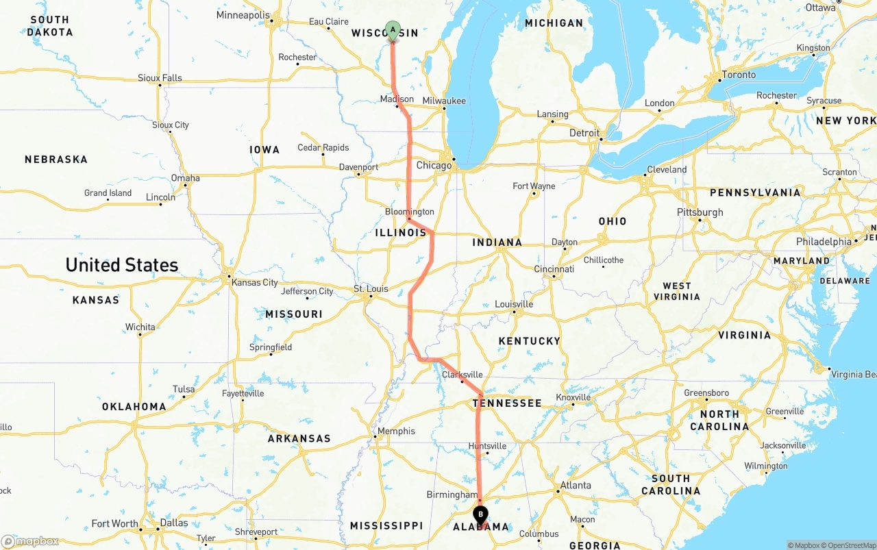 Shipping route from Wisconsin to Alabama