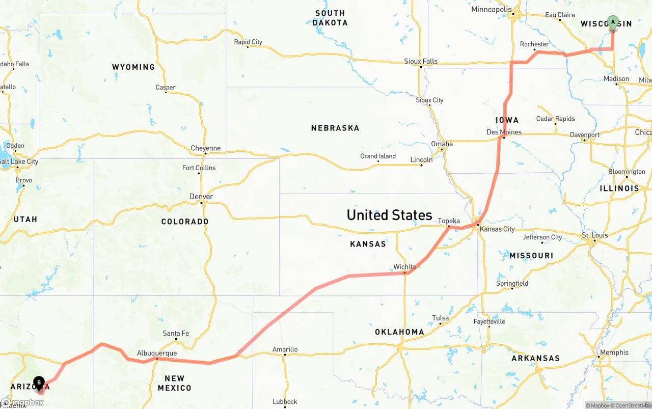 Shipping route from Wisconsin to Arizona