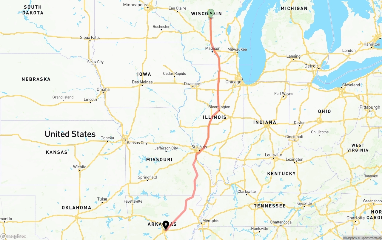 Shipping route from Wisconsin to Arkansas