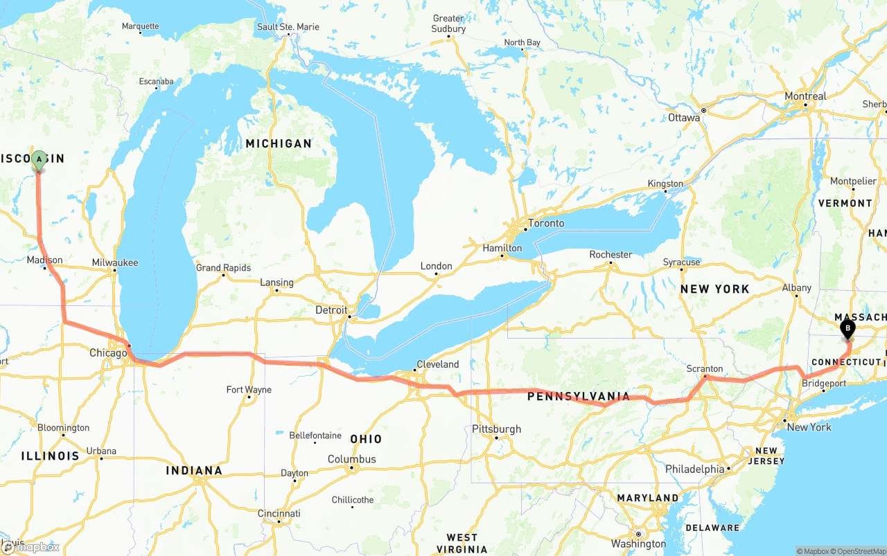 Shipping route from Wisconsin to Bradley International Airport