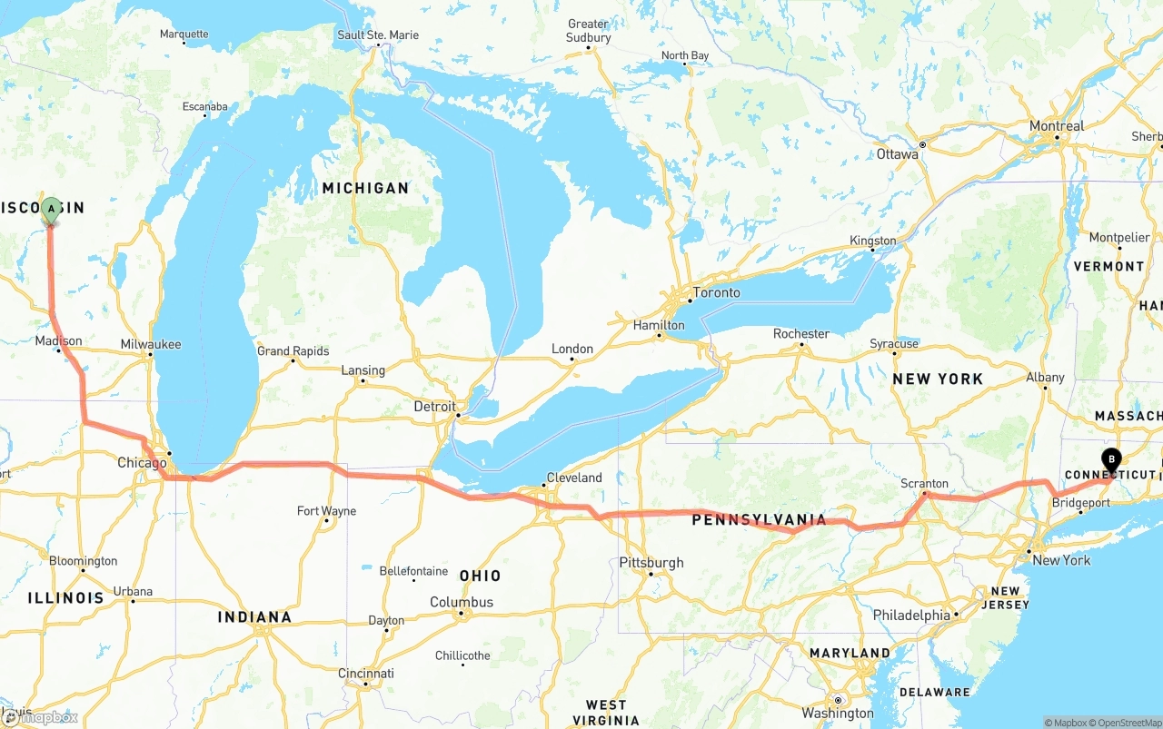 Shipping route from Wisconsin to Connecticut