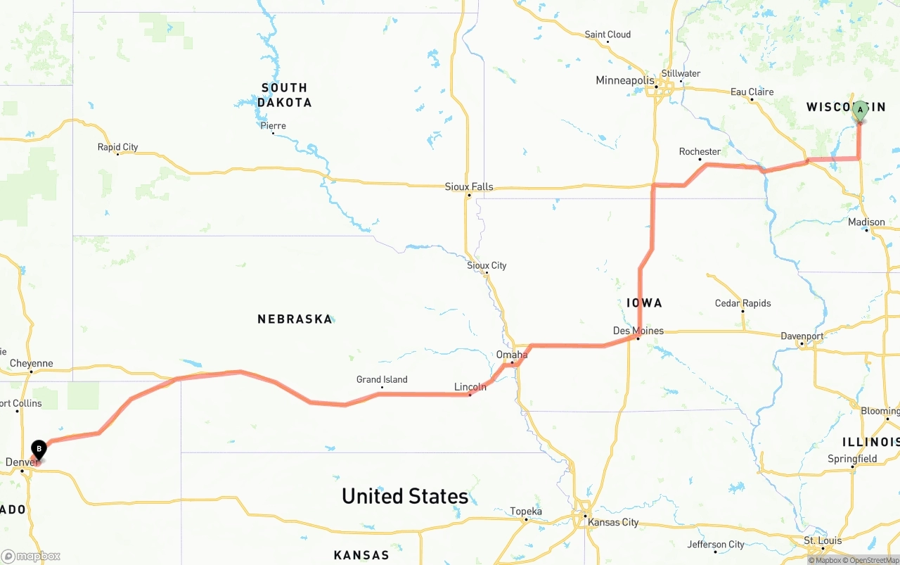 Shipping route from Wisconsin to Denver International Airport