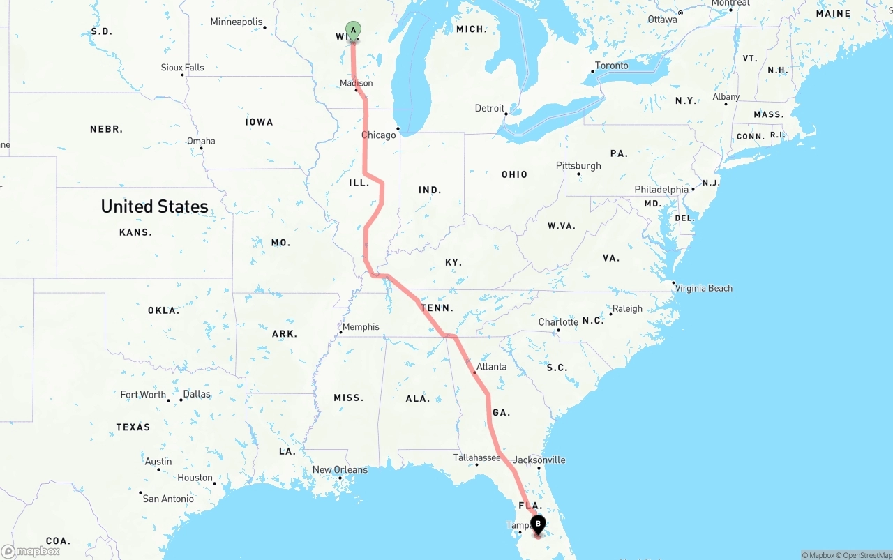 Shipping route from Wisconsin to Florida