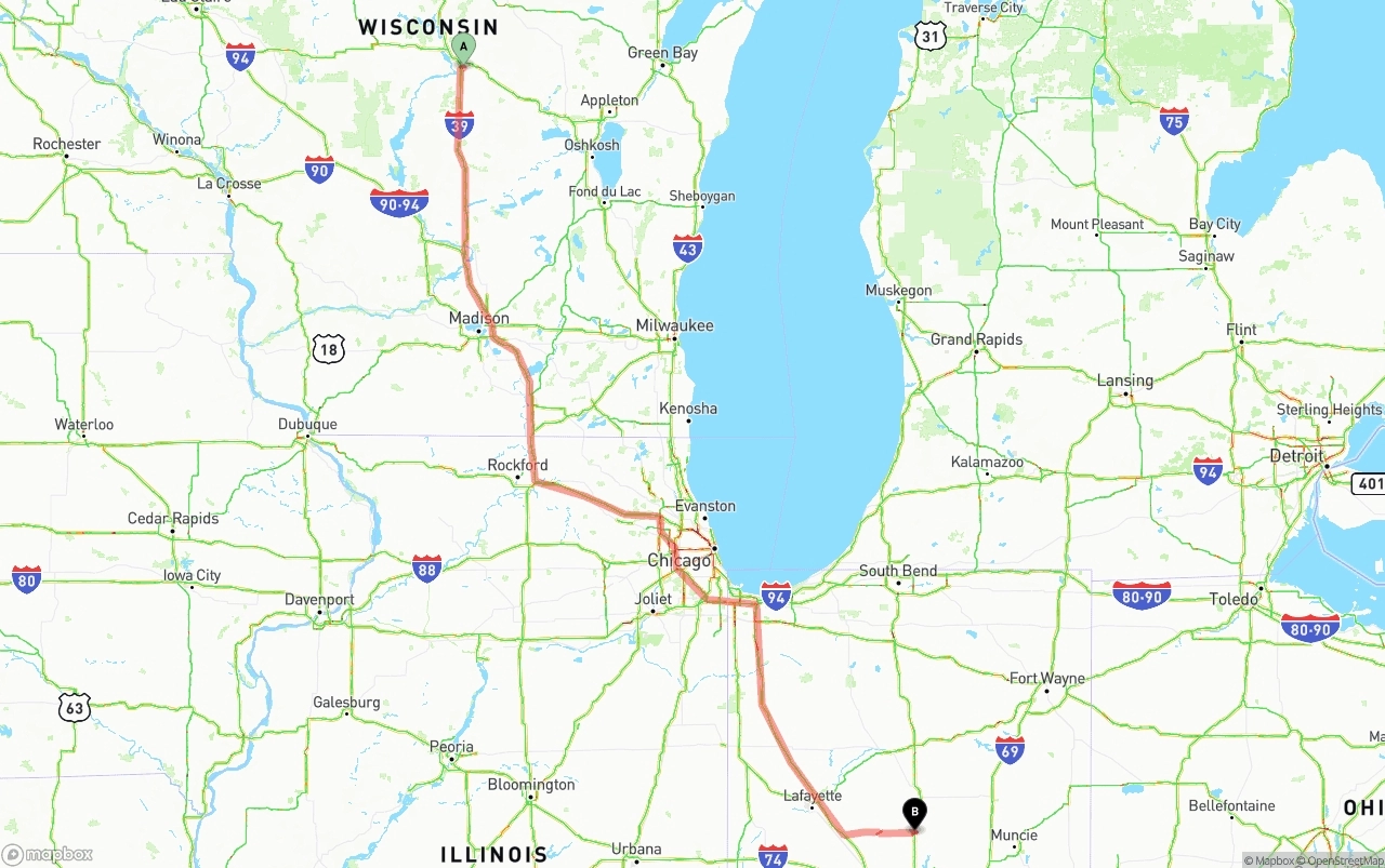 Shipping route from Wisconsin to Indiana
