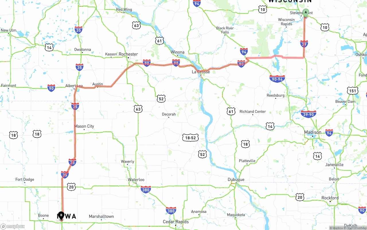 Shipping route from Wisconsin to Iowa