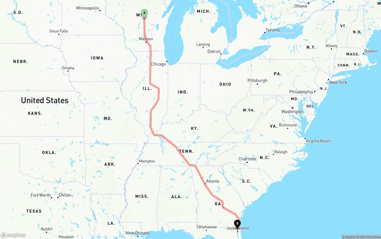 Shipping route from Wisconsin to Jacksonville International Airport