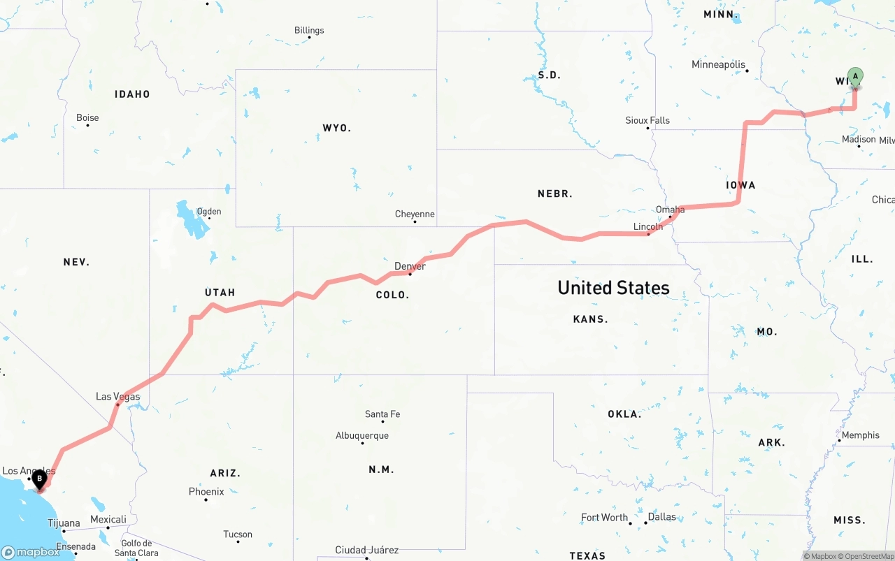 Shipping route from Wisconsin to John Wayne Airport — Orange County